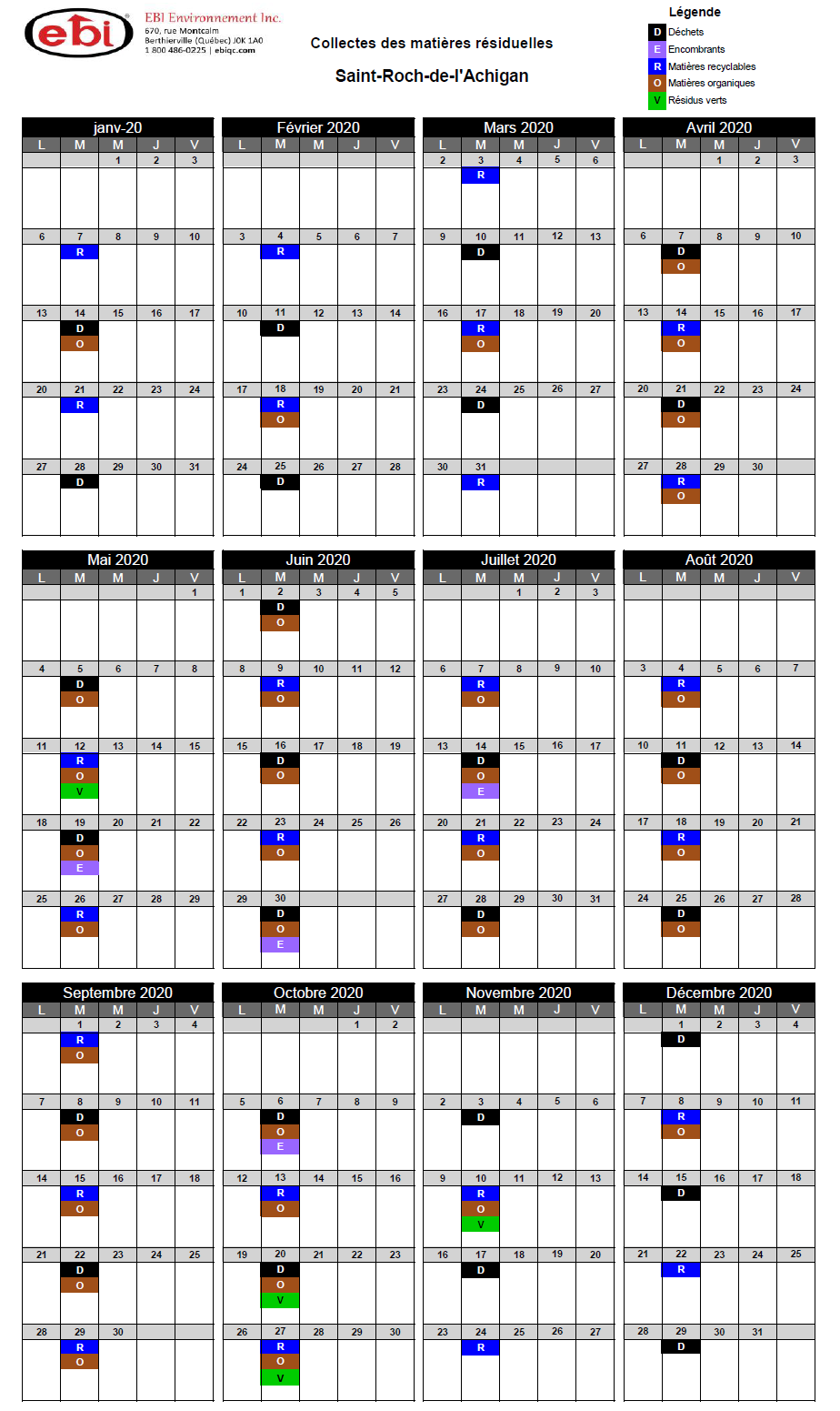 Calendrier des collectes Municipalité de SaintRochdel'Achigan